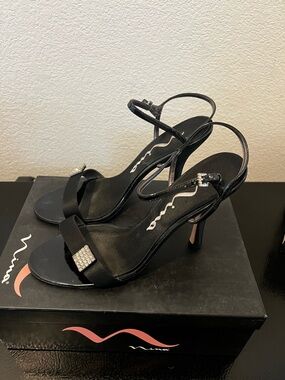 Nina Black Satin Strappy Heels with Rhinestone Buckle